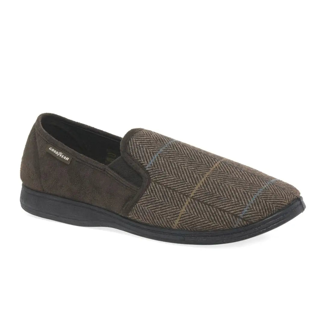 Brown herringbone Goodyear Harrison Tweed Slippers with a dark sole for comfy vibes