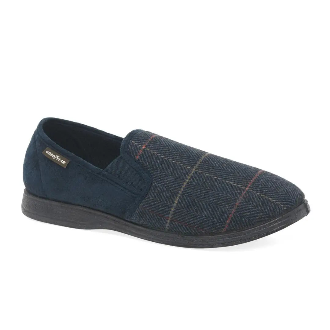 Navy blue Goodyear Harrison Tweed slippers with a subtle plaid pattern