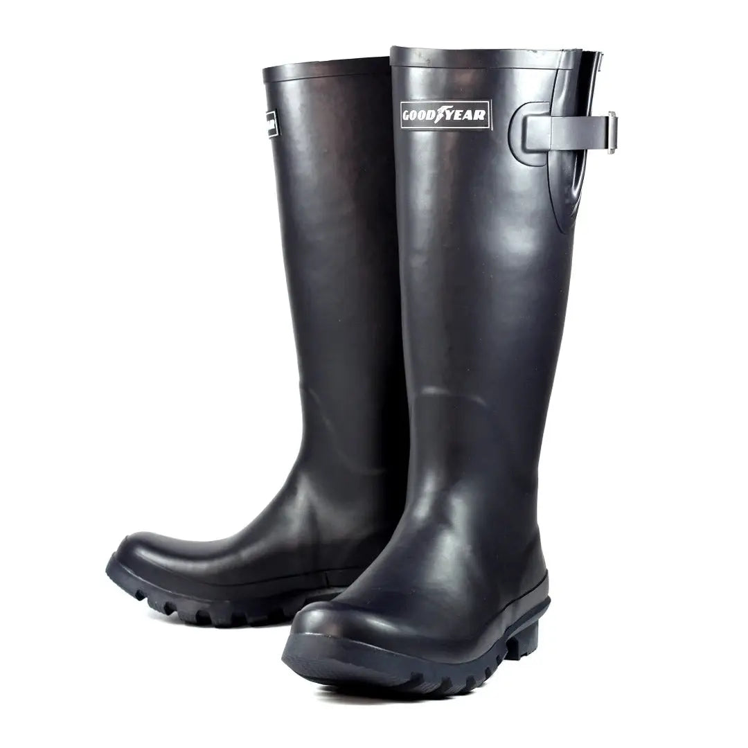 Pair of Goodyear Petersfield Rubber Wellingtons in sleek black rubber with logo