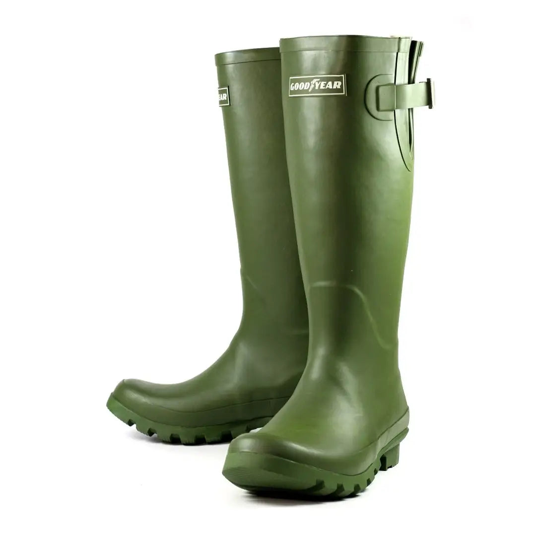 Pair of green Goodyear Petersfield Rubber Wellingtons for stylish wet weather wear