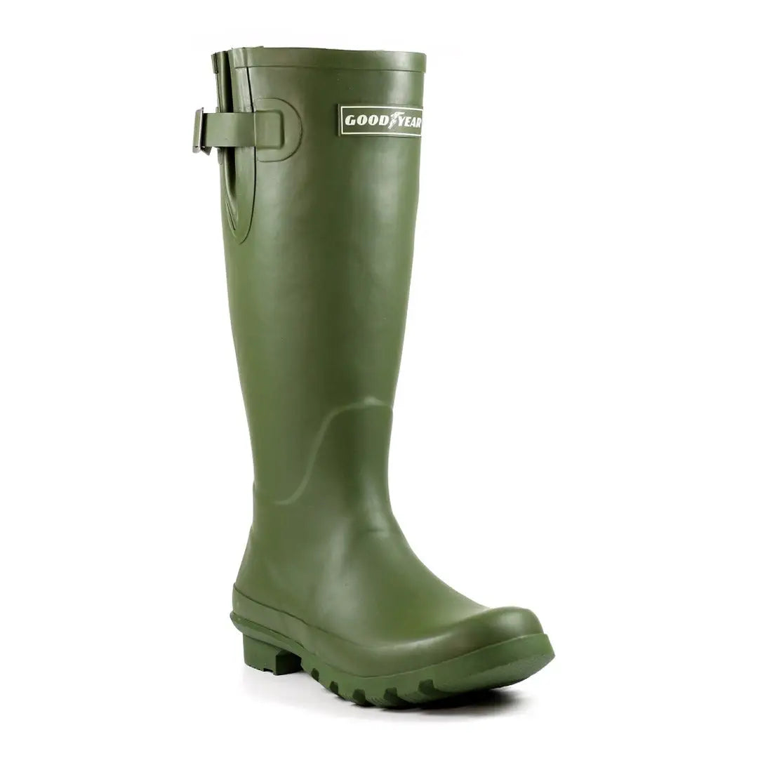 Green Goodyear Petersfield Rubber Wellingtons with adjustable side strap for comfort