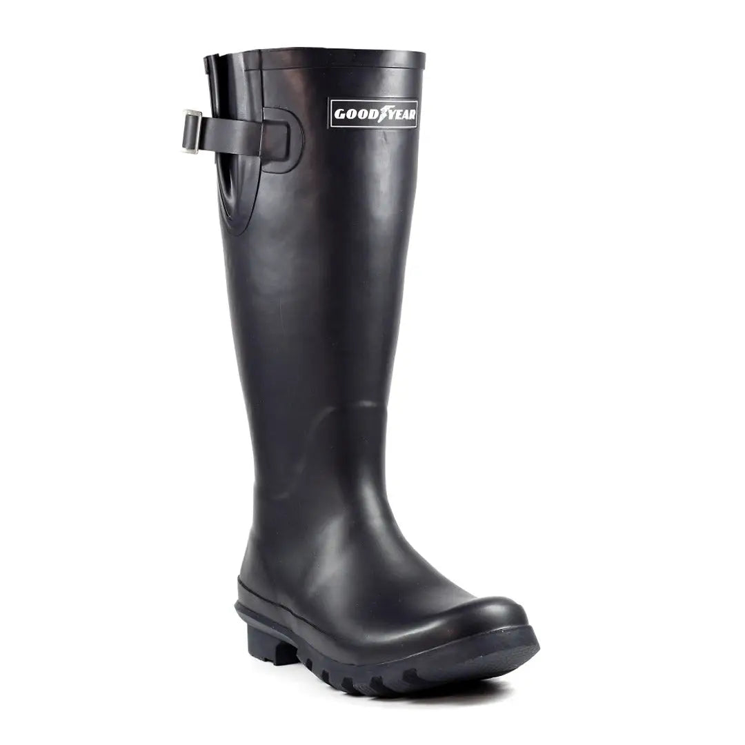 Black rubber rain boot with Goodyear logo for Goodyear Petersfield Rubber Wellingtons