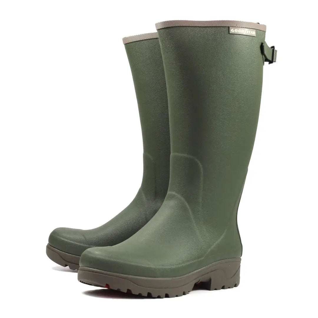 Tall green Goodyear Stream Neoprene Lined Wellingtons ideal for country clothing and outdoors