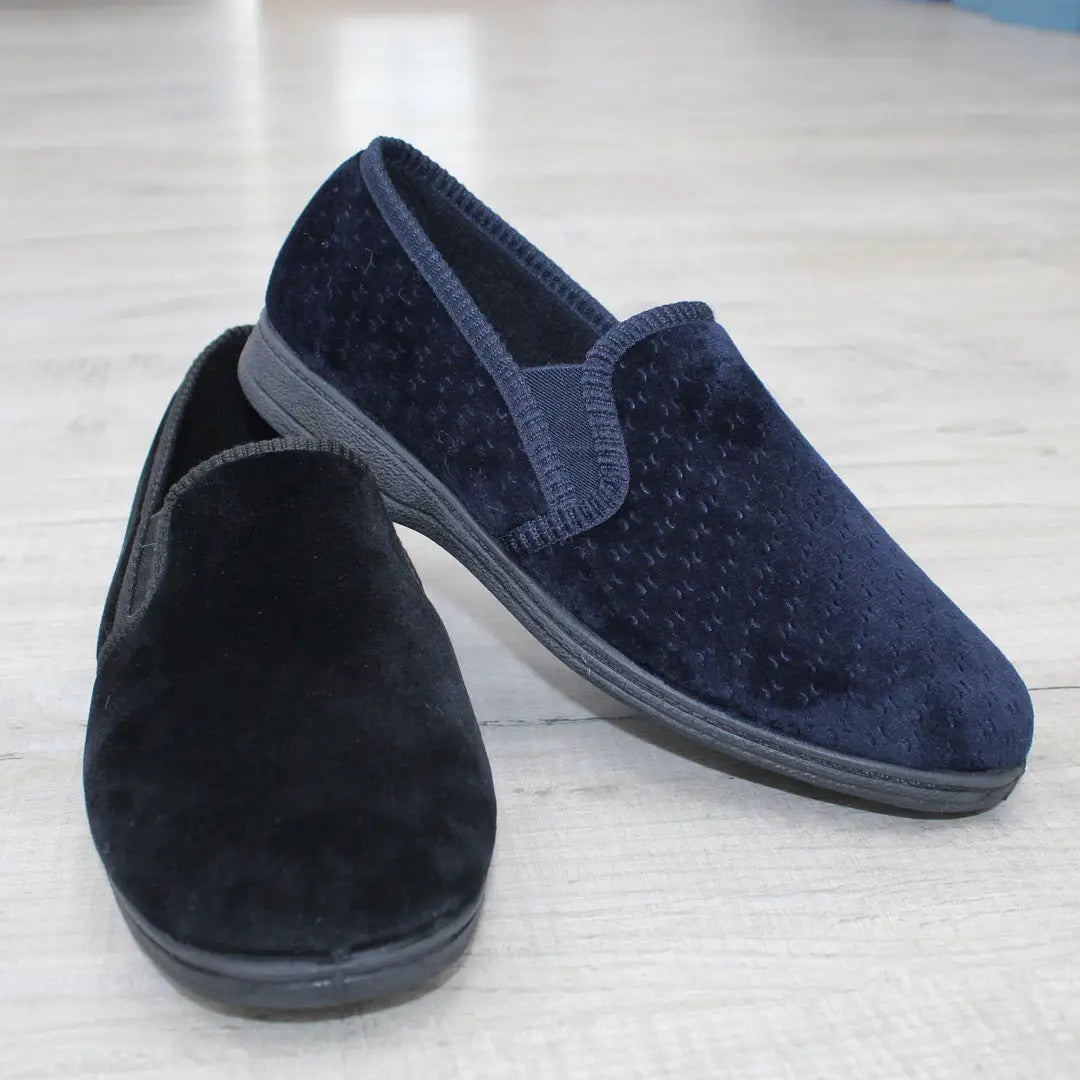 Navy blue Goodyear Tamar Slippers with textured velvet uppers and dark soles