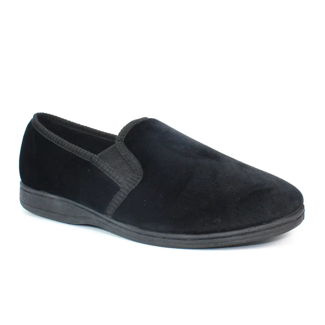 Black velvet Goodyear Tamar Slippers with flat sole for stylish comfort