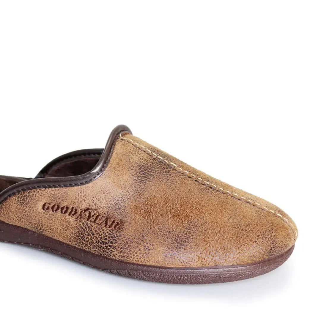 Tan leather Goodyear Tees Mule Slipper with embossed logo for stylish comfort