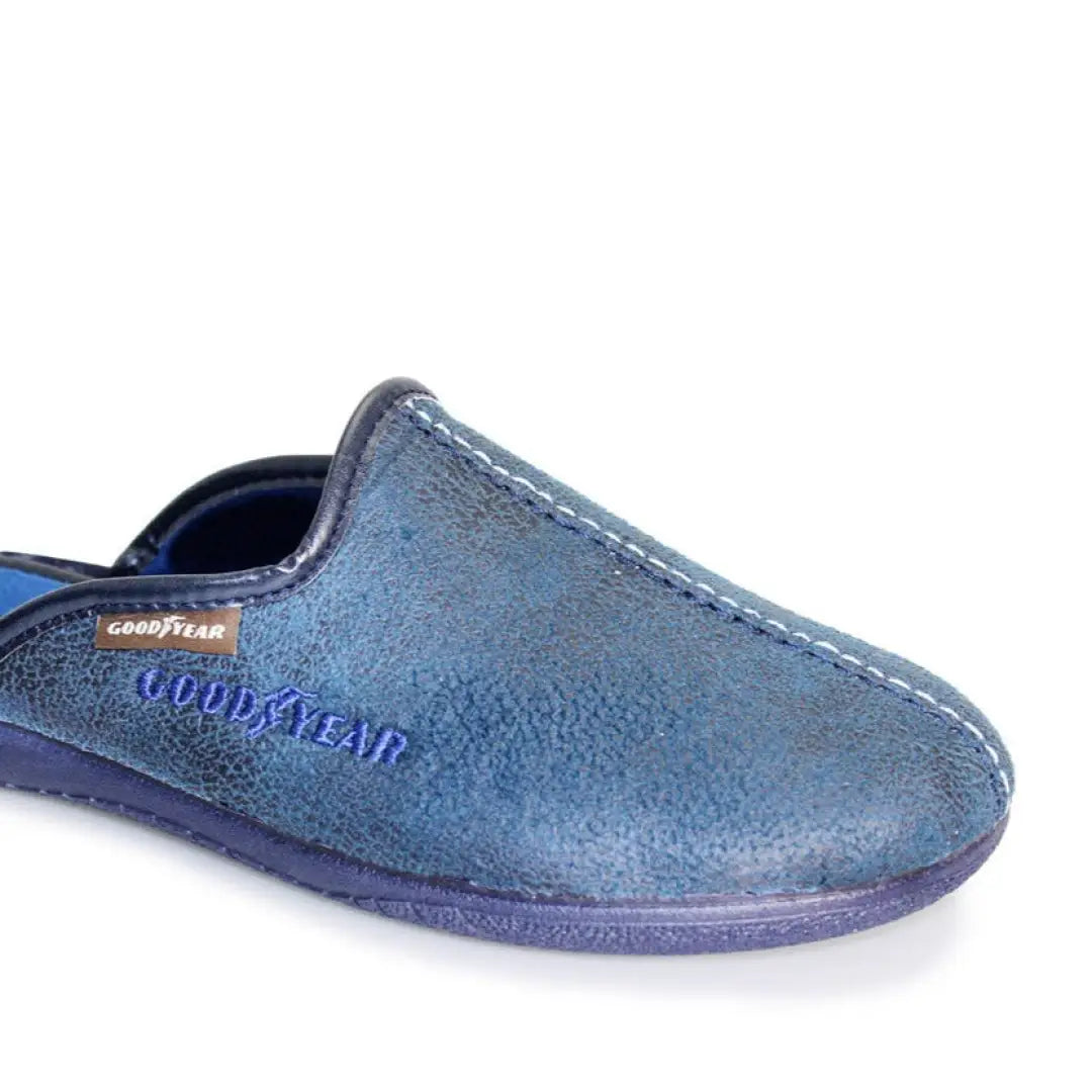 Blue suede Goodyear Tees mule slippers with stylish branding, perfect for comfy wear