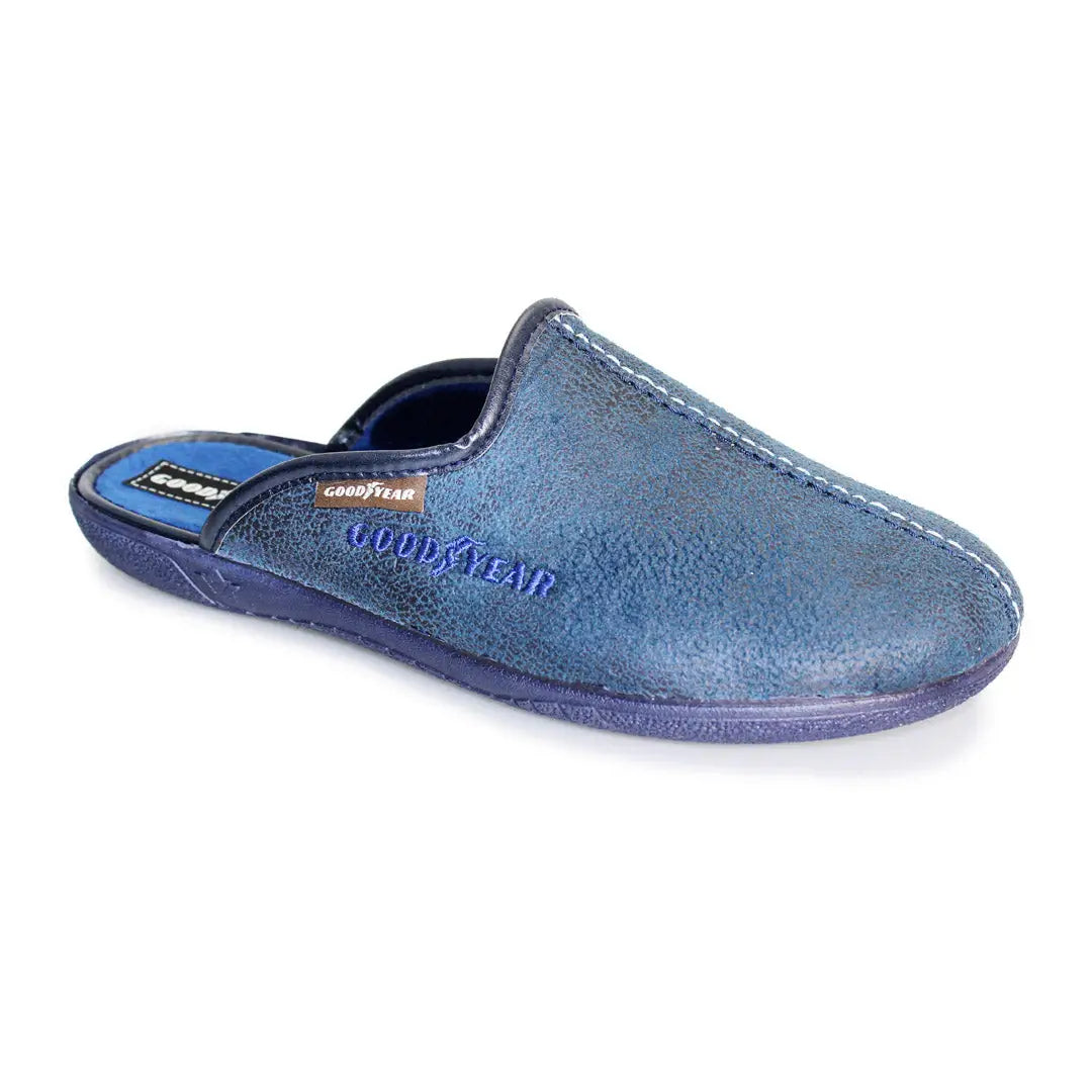 Blue leather Goodyear Tees Mule Slippers with a closed toe and open heel