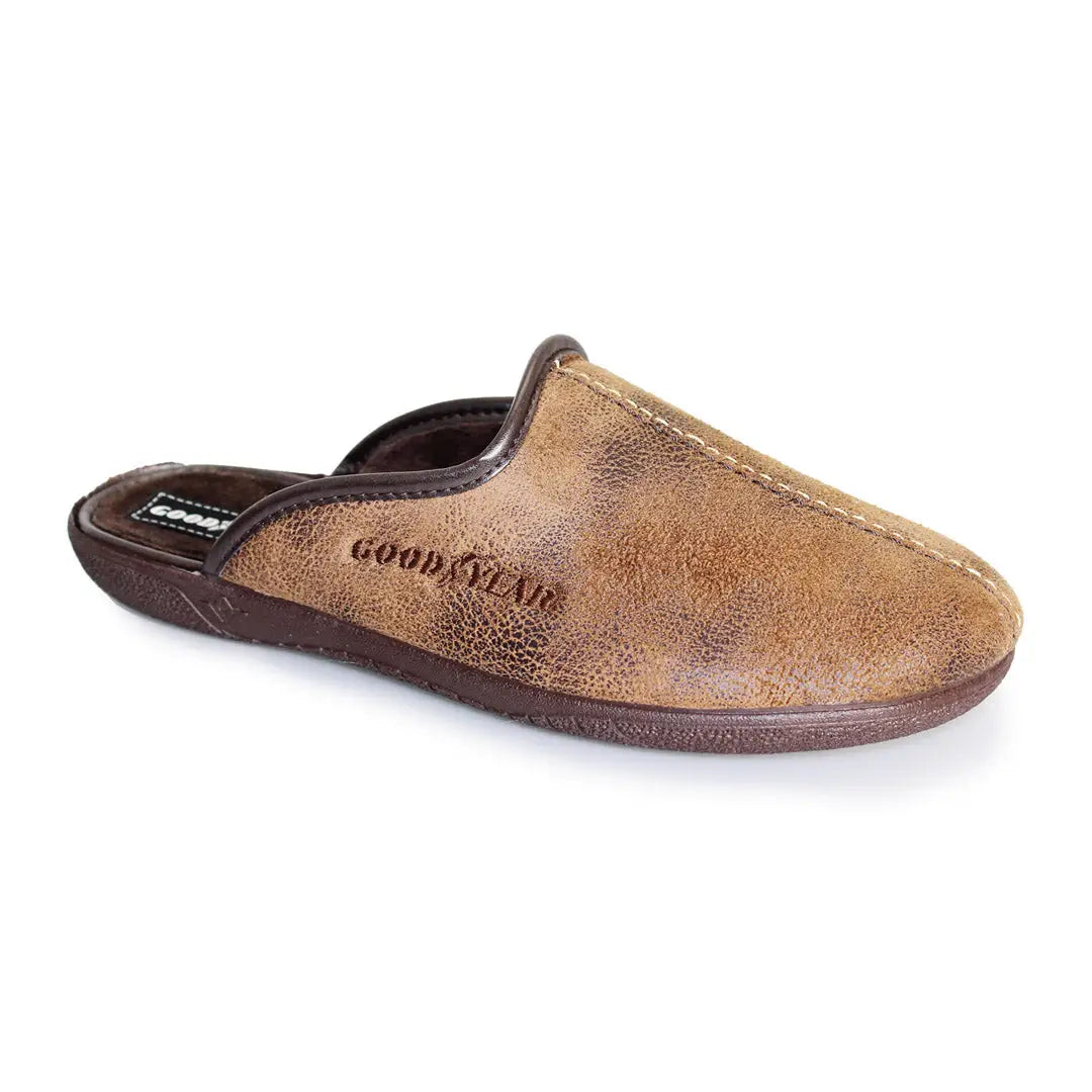 Tan suede slipper featuring Goodyear branding, perfect for Goodyear Tees Mule style