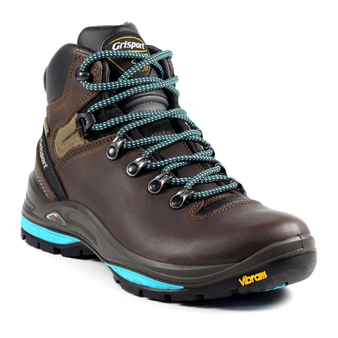 Sturdy brown leather Grisport Lady Glide Hiking Boots with teal laces for comfortable women’s walking