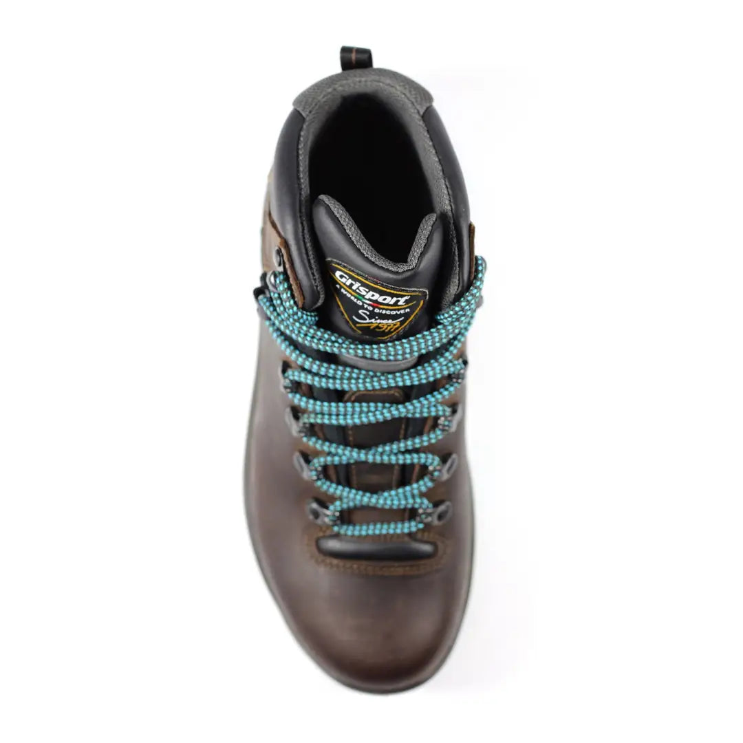 Brown leather Grisport Lady Glide Hiking Boots with teal laces for comfortable women’s walking