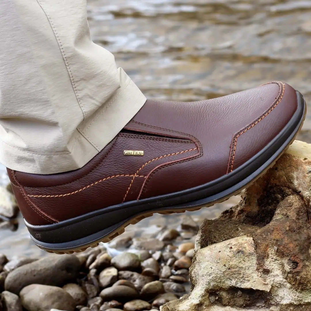 Brown leather Grisport Melrose Active slip-on shoe with stitching and rubber sole