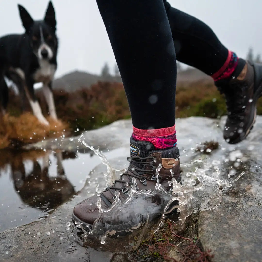 Hiking boots splashing through water with a dog, perfect for backpacking walking adventures