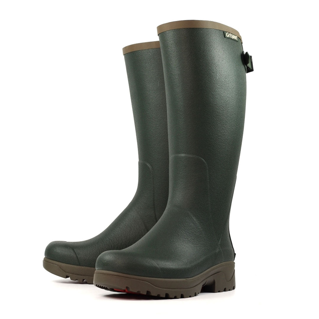 Green Grisport Stream II Wellington boots with deep cleated outsole for better grip