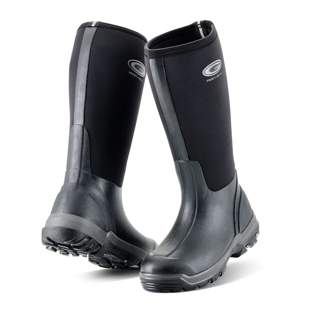 Tall black Grubs Frostline Classic 5.0 Wellington boots with treaded soles