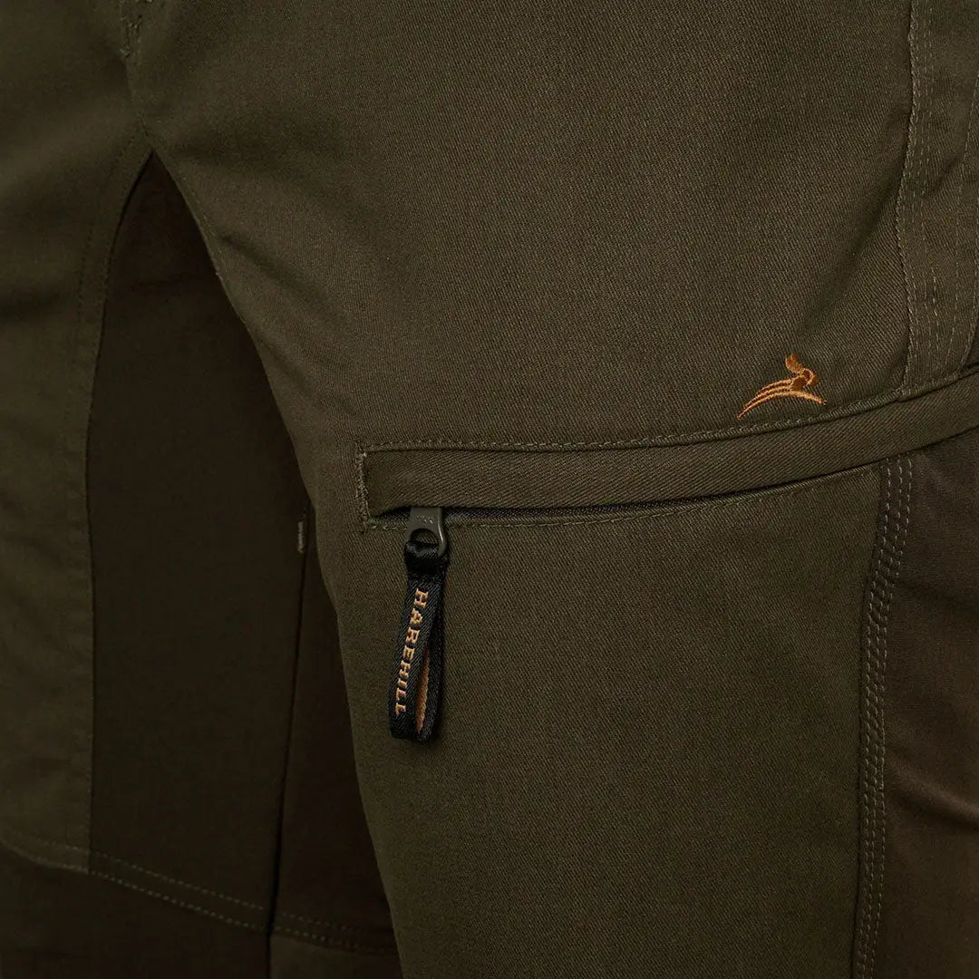 Zippered pocket on dark green fabric of the Harehill Ridgegate Trouser for country clothing