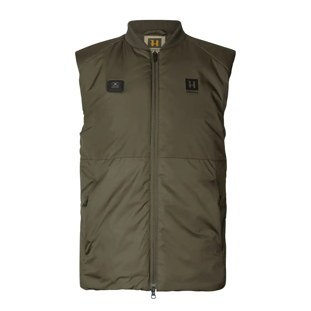 Olive green sleeveless Harkila Clim8 Base Waistcoat with zipper and logo patches