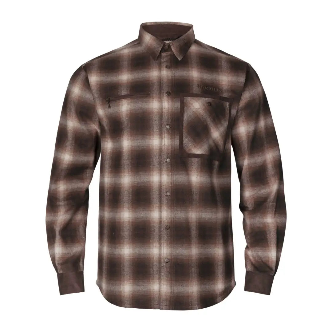 Brown plaid flannel Harkila Folke Shirt Jacket with long sleeves and collar