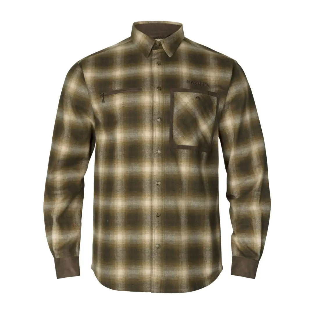 Plaid flannel Folke Shirt Jacket in olive green and tan, perfect for outdoor adventures