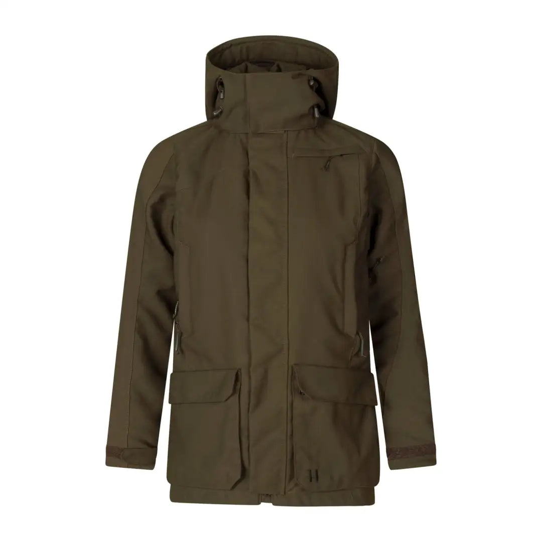 Olive green Harkila Pro Hunter GTX Ladies Jacket features pockets and zipper closure