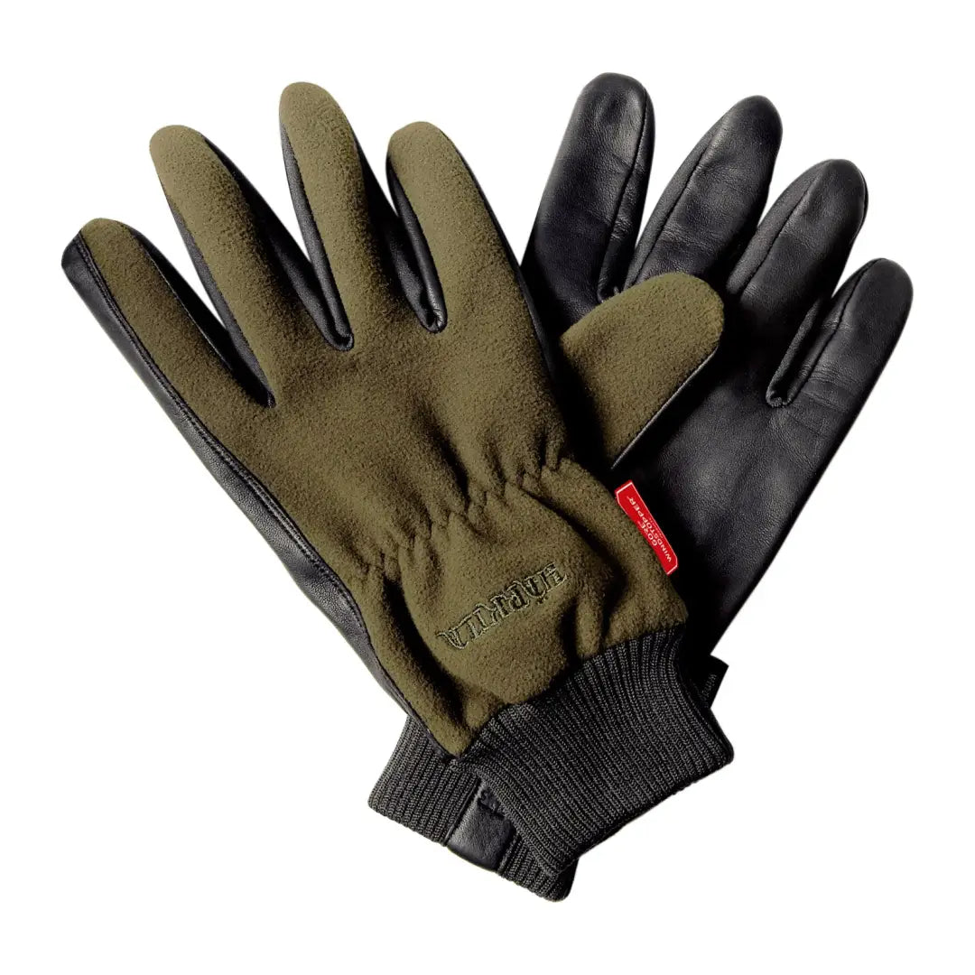 Olive green and black Harkila Pro Shooter Gloves, hardwearing shooting glove with red tag