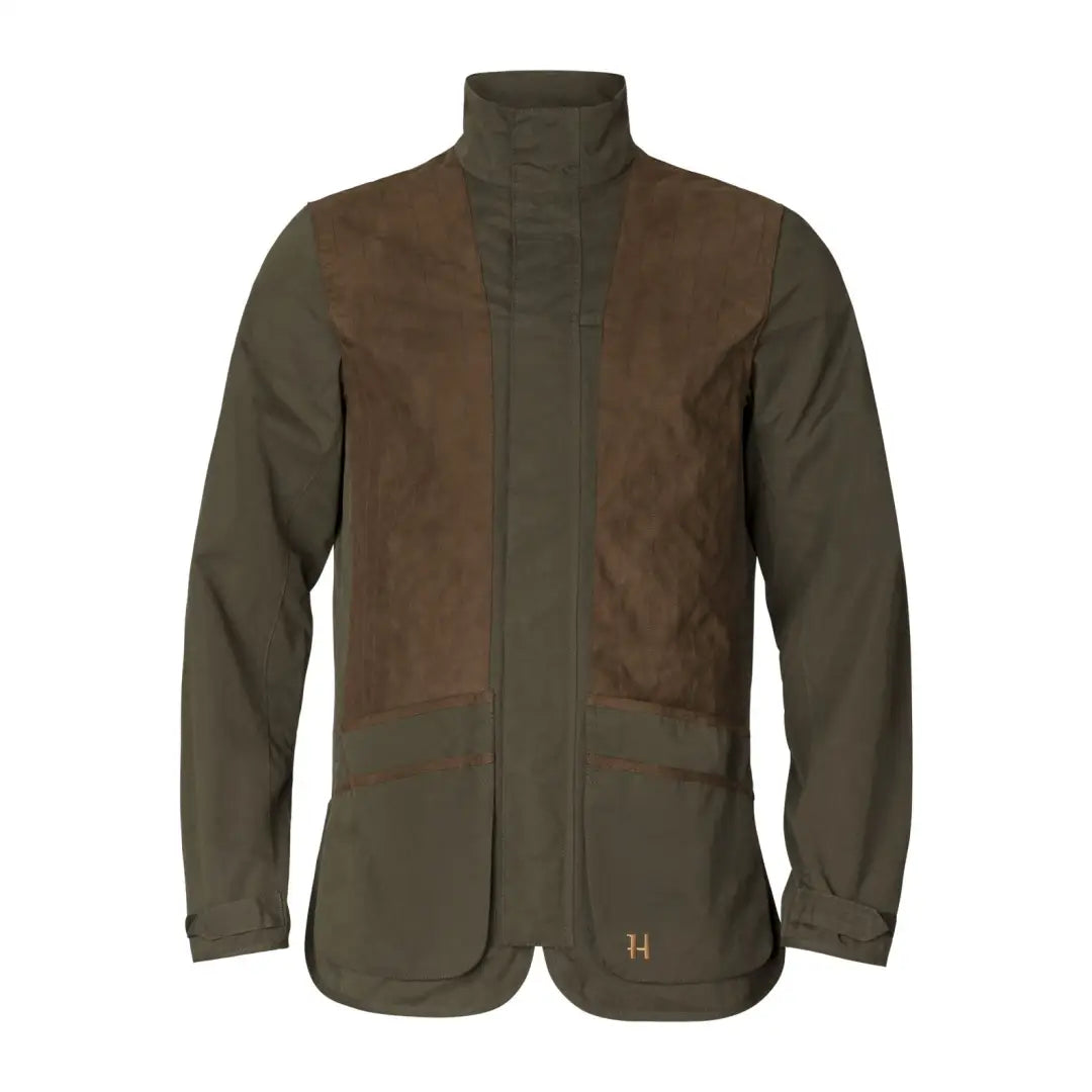 Olive green Harkila Rannoch HWS Shooting Jacket with brown shoulder patches