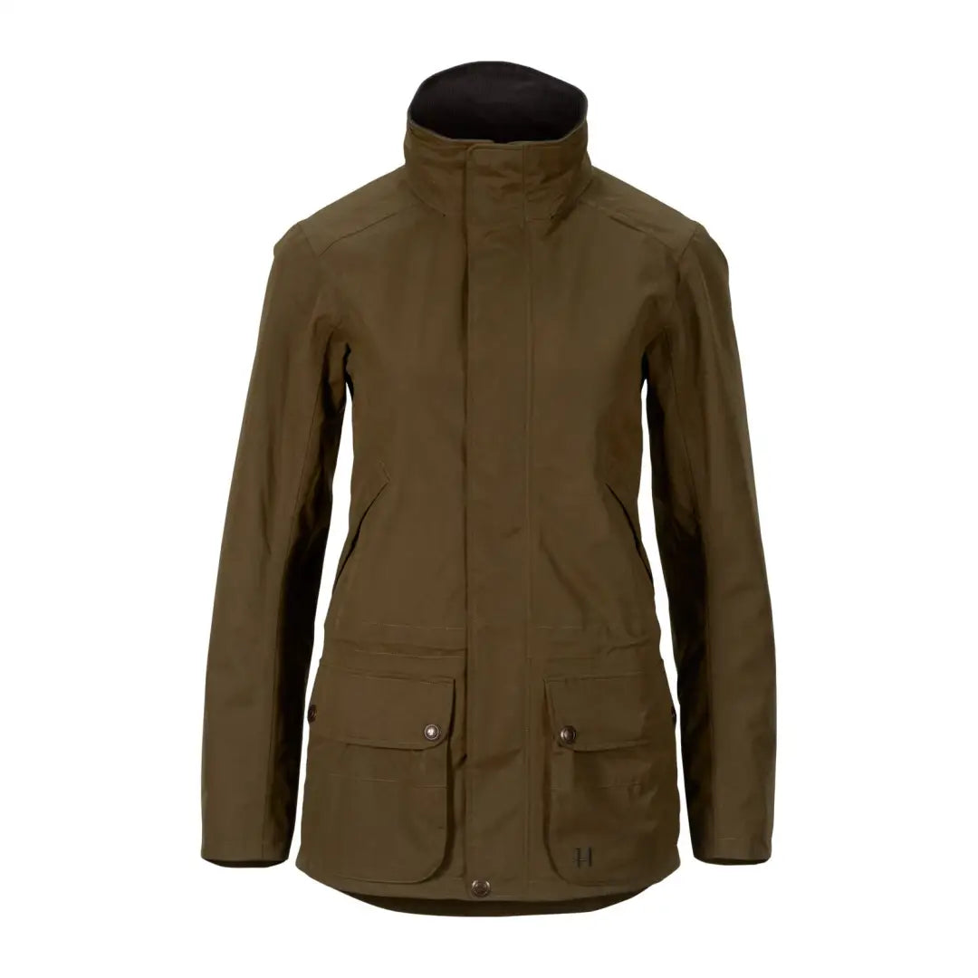 Olive green Harkila Retrieve Lady Jacket with high collar and front pockets