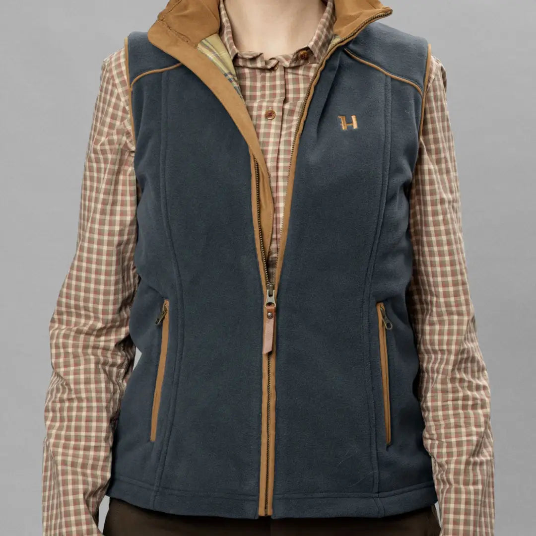 Navy blue Harkila Sandhem 200 Ladies Waistcoat boasting tan accents and wind-resistant lining