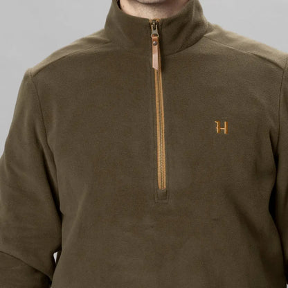 Olive green fleece pullover Harkila Sandhem 200 with gold H logo, perfect country clothing