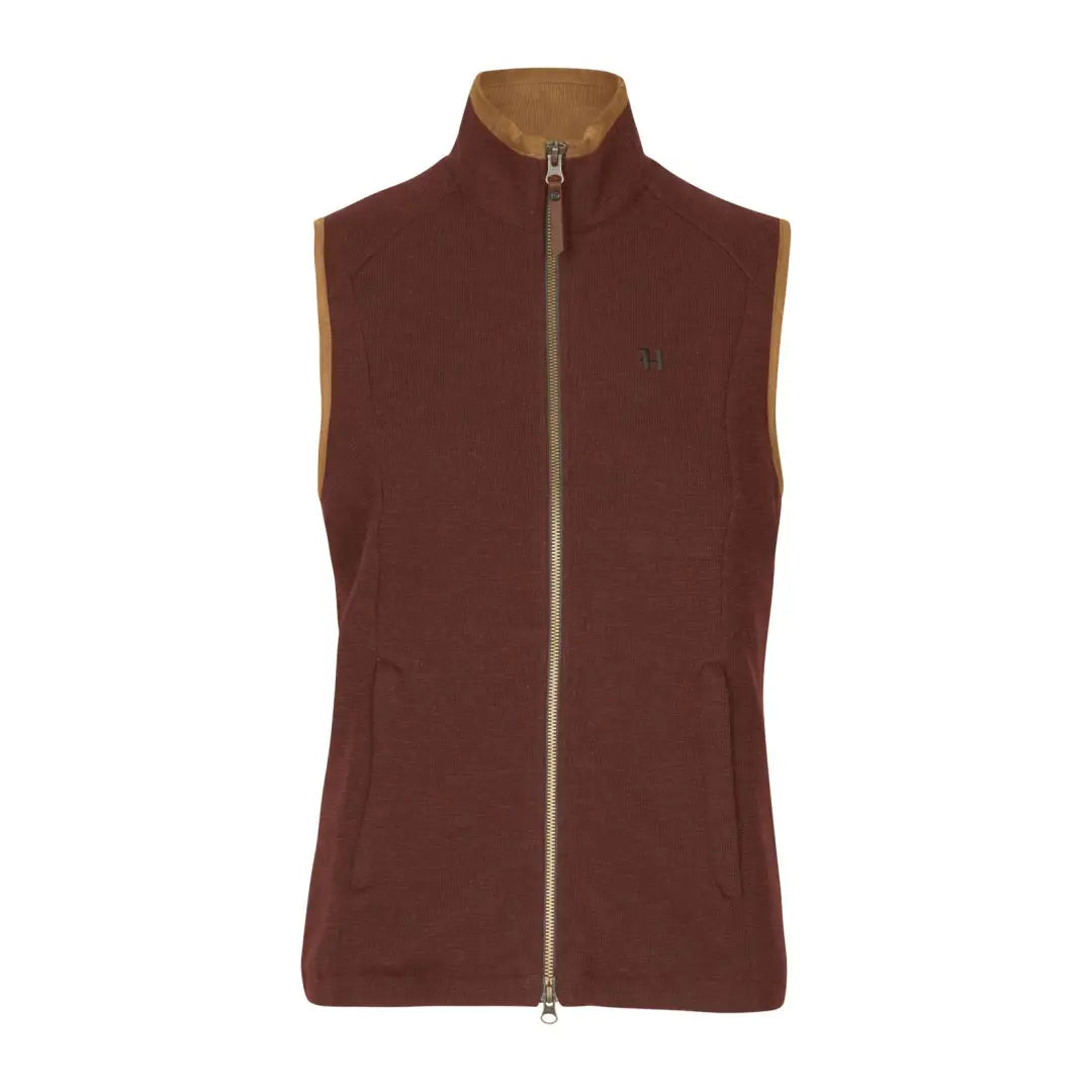 Burgundy quilted Harkila Sandhem Pro Ladies Waistcoat with tan collar and zipper