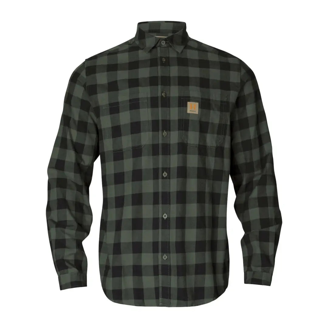 Green and black checkered flannel Harkila Scandinavian long sleeve shirt with pocket patch