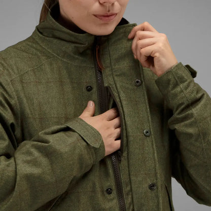 Olive green Harkila Stornoway Shooting Lady Jacket with high collar and buttons