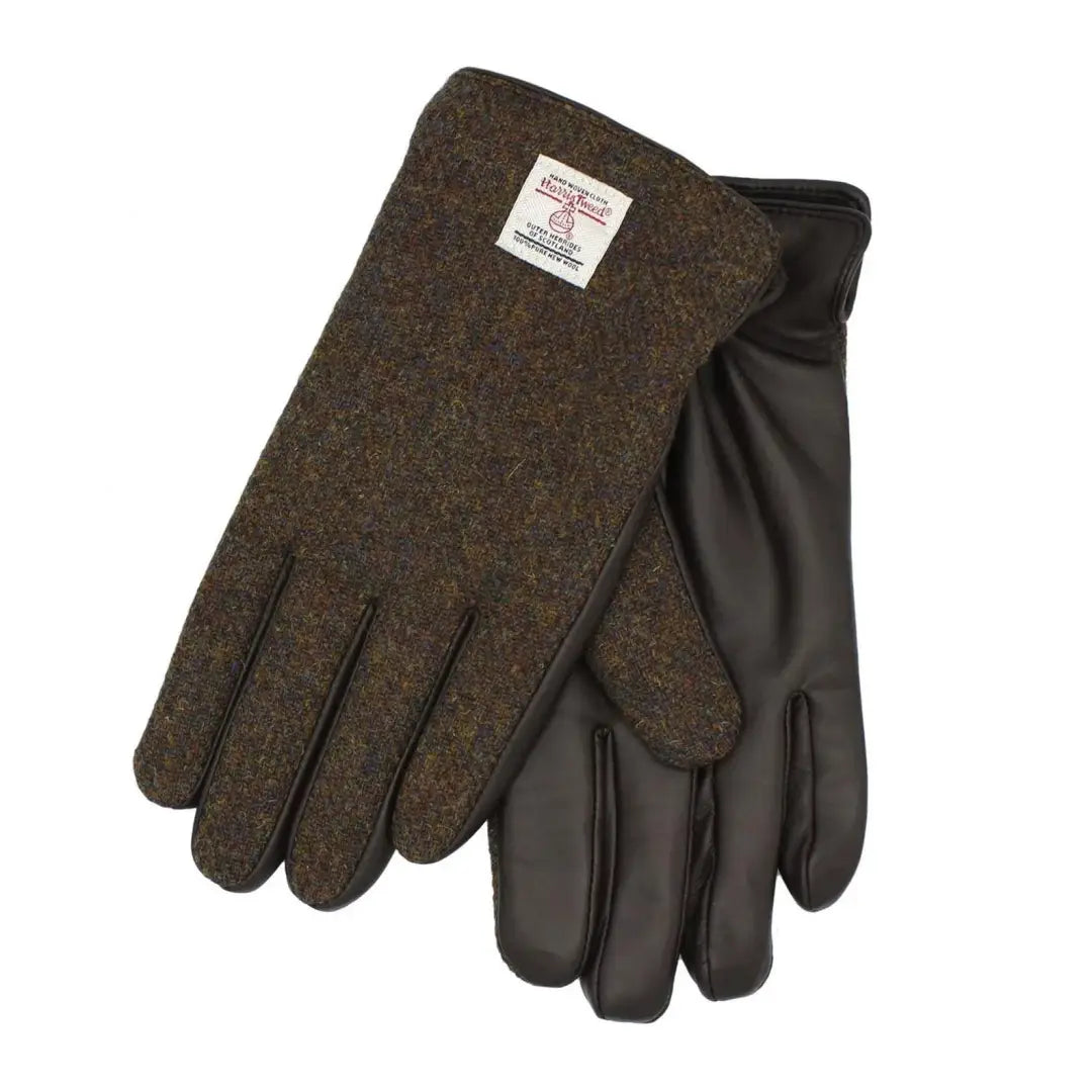 Brown and black gloves with Harris Tweed label from Heather Grant Harris collection