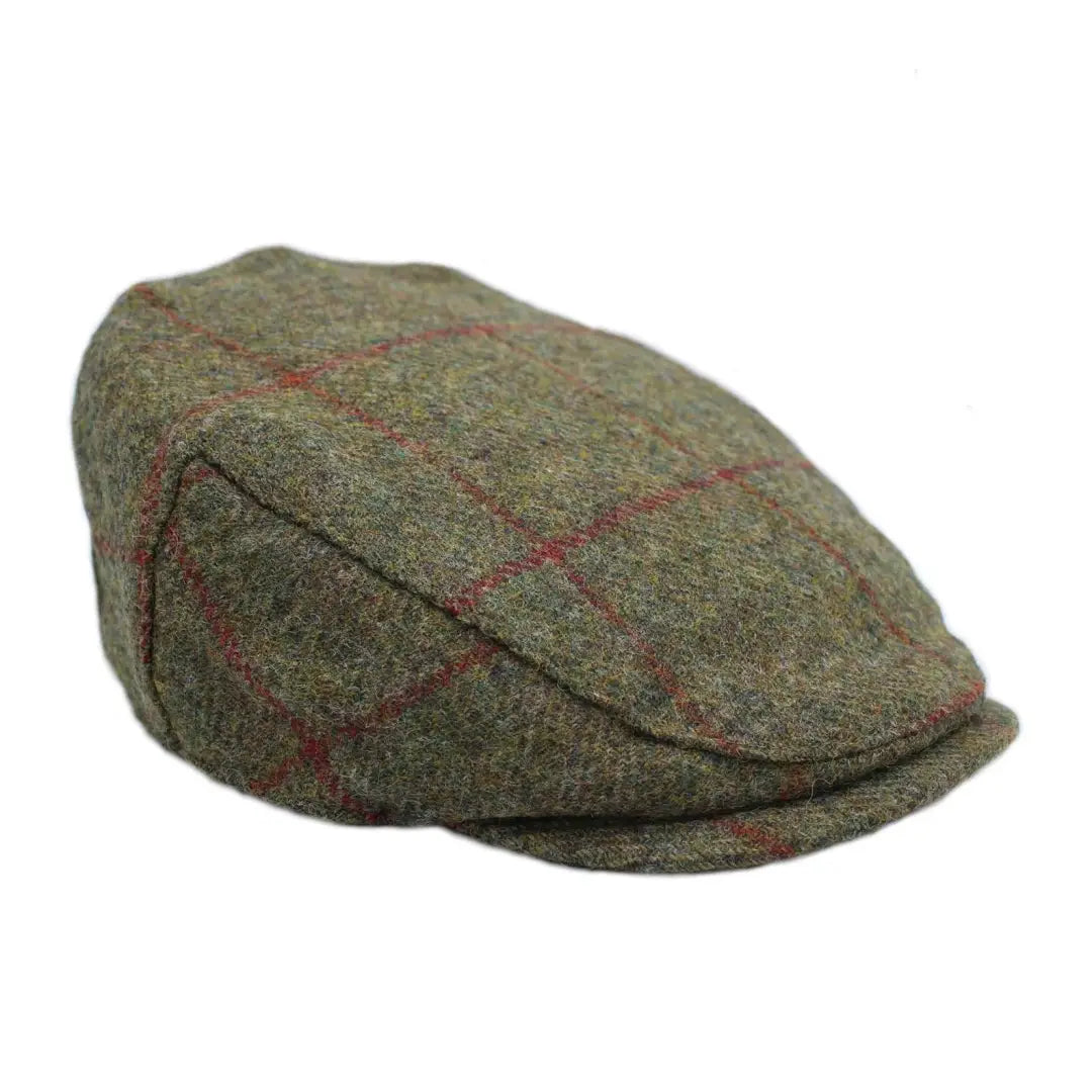 Green tweed flat cap with subtle red plaid pattern, perfect for stylish outfits