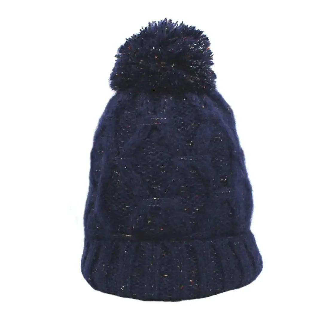 Navy blue Heather Sally Beanie with cozy knit and fun pom-pom for winter style