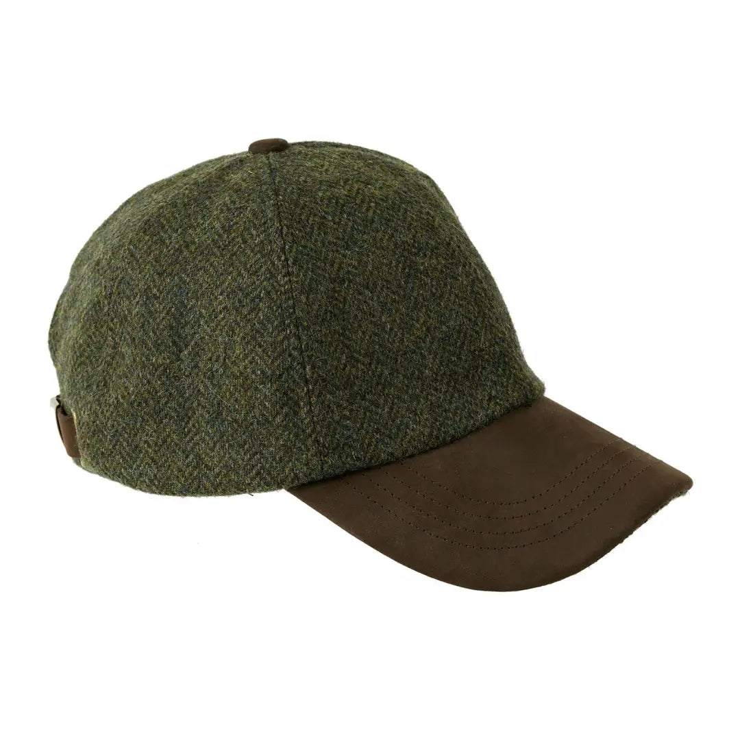 Green Heather Sutton Tweed Baseball Cap with a stylish brown leather brim