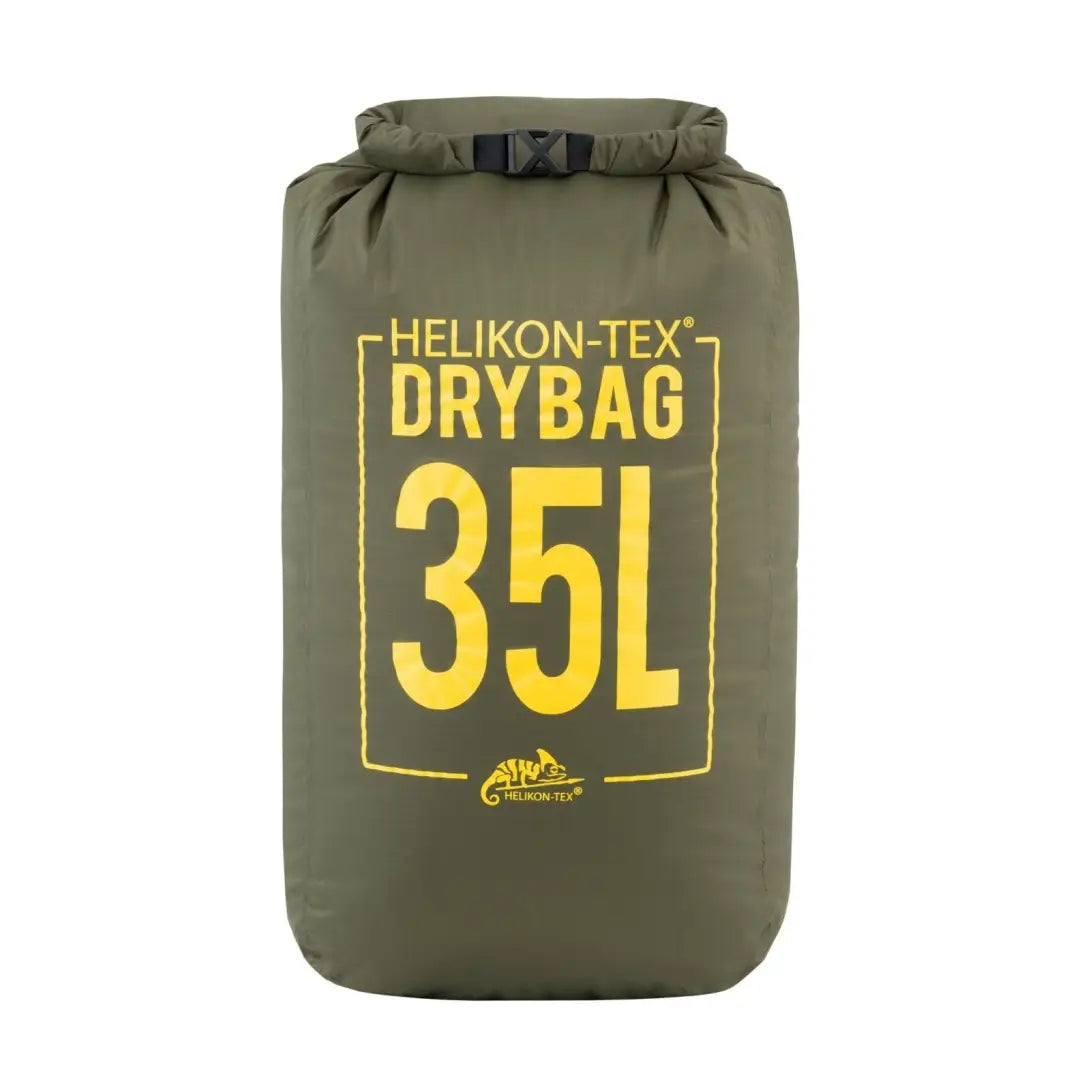 Olive green Helikon-Tex Arid Dry Sack 35L with yellow text, perfect for waterproof storage