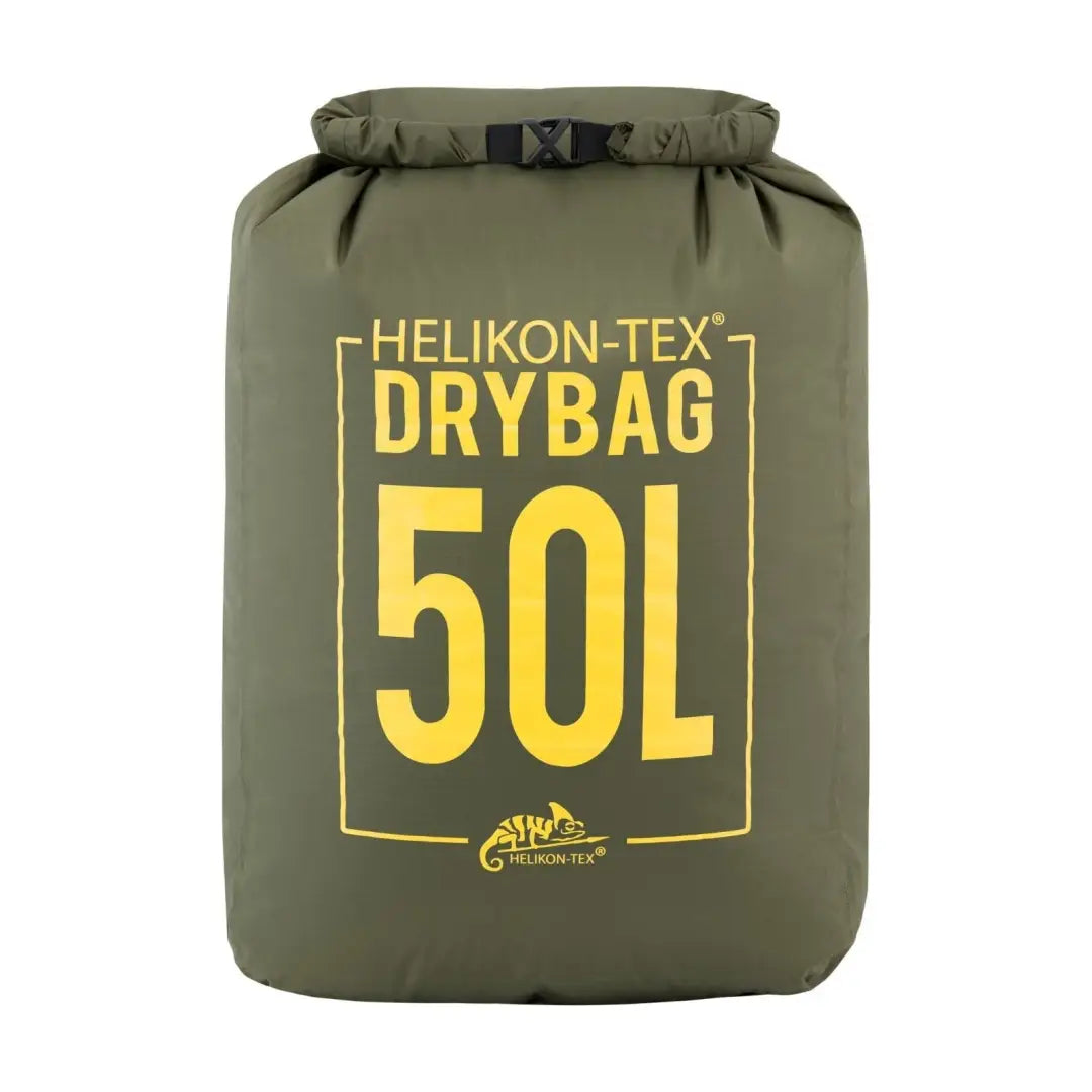 Olive green Helikon-Tex Arid Dry Sack 50L, waterproof with yellow print for outdoor adventures