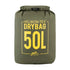 Olive green Helikon-Tex Arid Dry Sack 50L, waterproof with yellow print for outdoor adventures