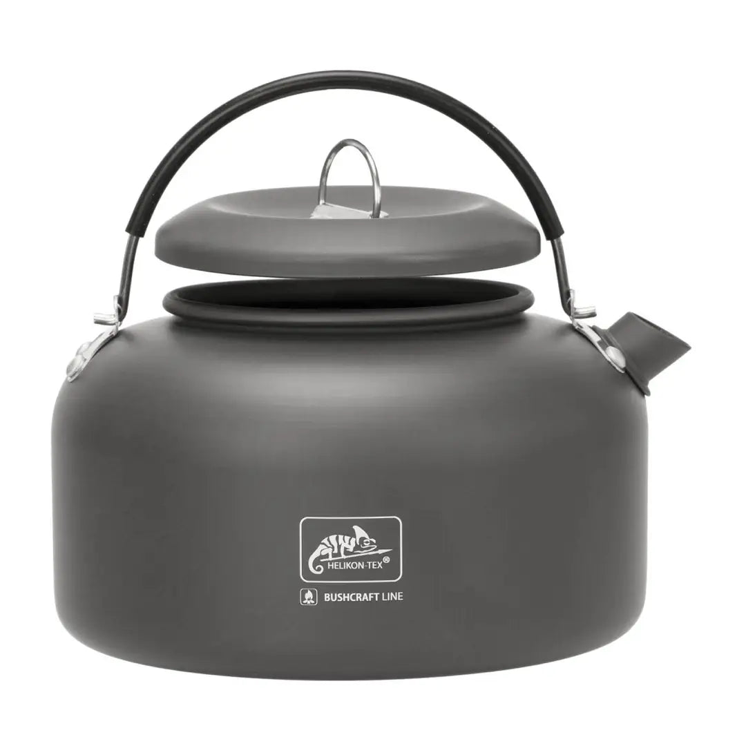 Gray Helikon-Tex Camp Kettle with curved handle, perfect for outdoors and hunting adventures