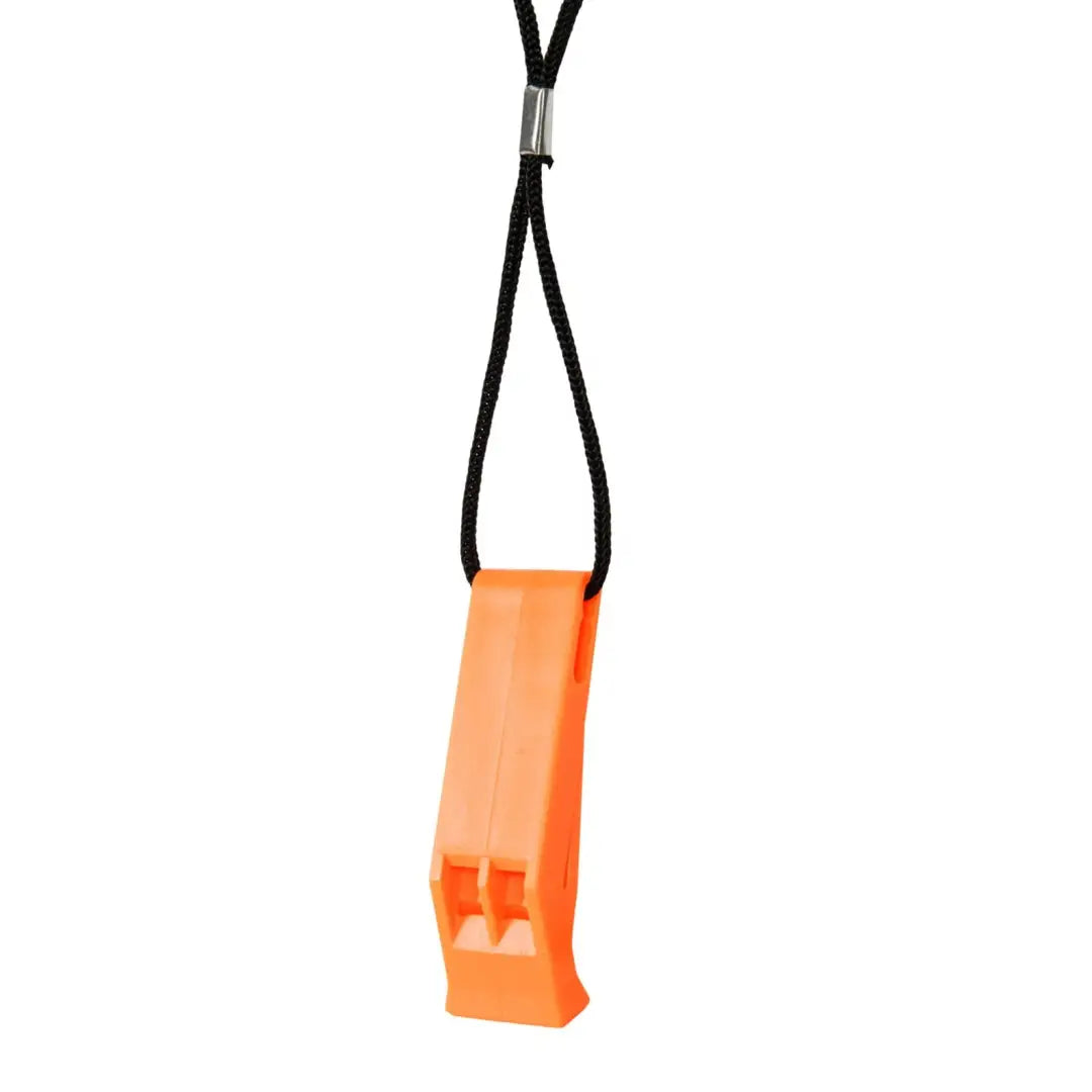 Orange plastic whistle on a black cord for Helikon-Tex Emergency Whistle in outdoors gear