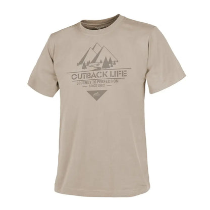 Beige Helikon-Tex Outback Life T-shirt with mountains and trees for outdoor country clothing