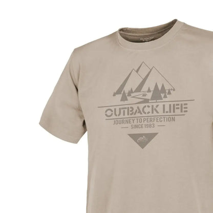 Beige Helikon-Tex Outback Life T-Shirt with mountains and trees for outdoors lovers