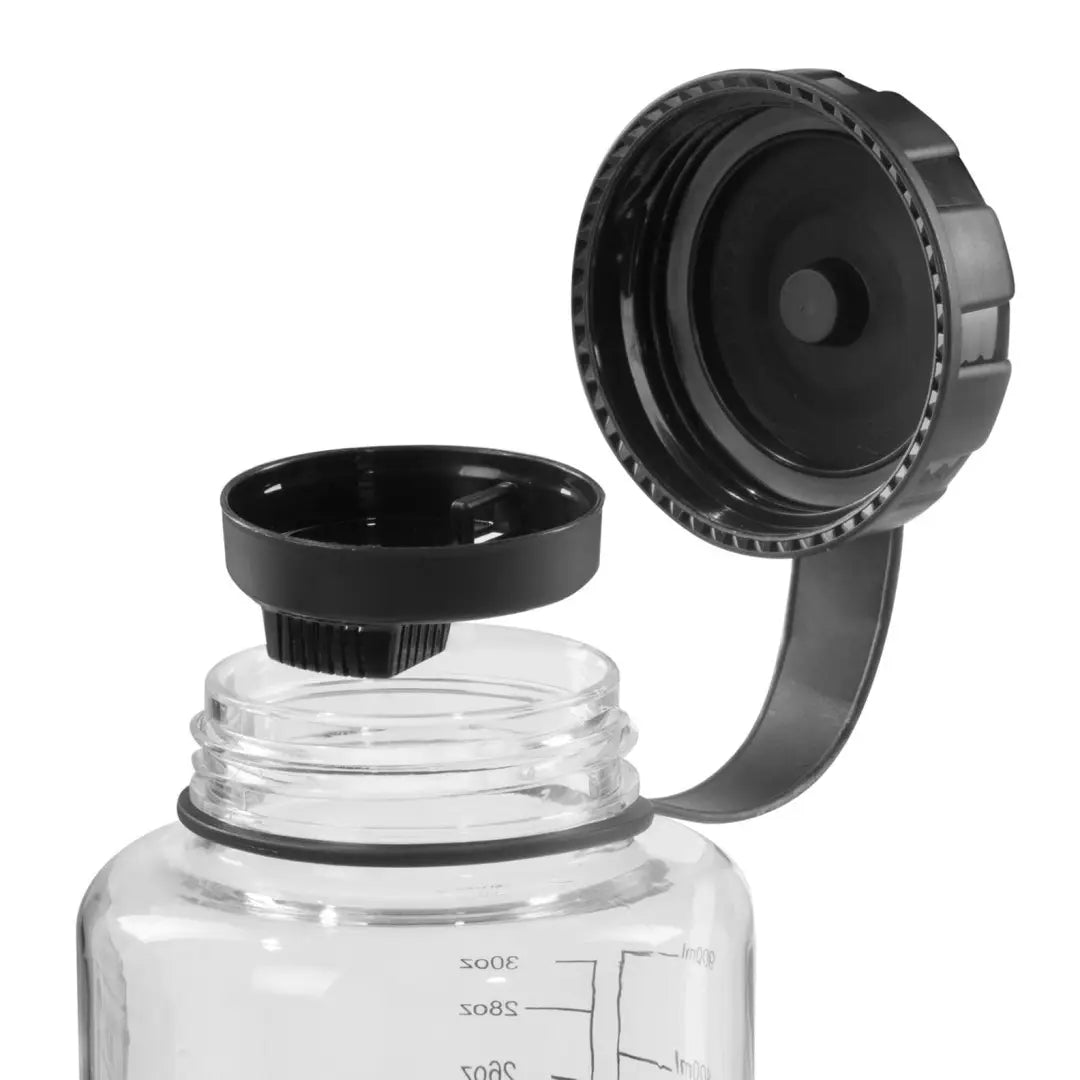 Clear glass outdoor bottle with black lid and spout, perfect for country clothing adventures