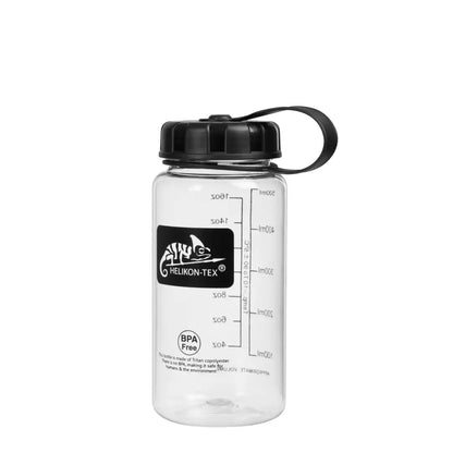 Clear plastic Outdoor Bottle with measurement markings and black lid for country clothing