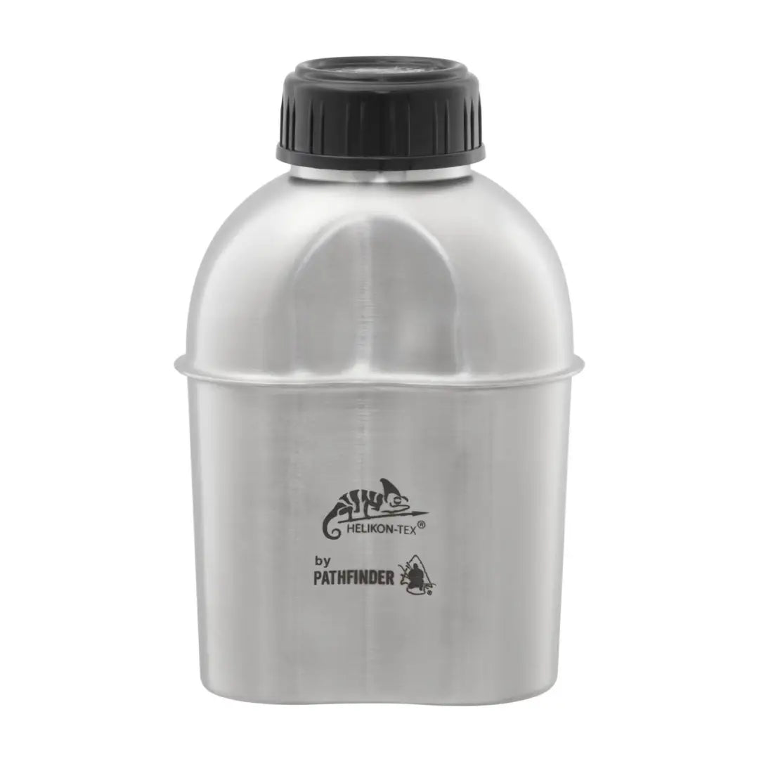 Stainless steel Pathfinder 39Oz canteen with a black screw-on cap for hydration on the go