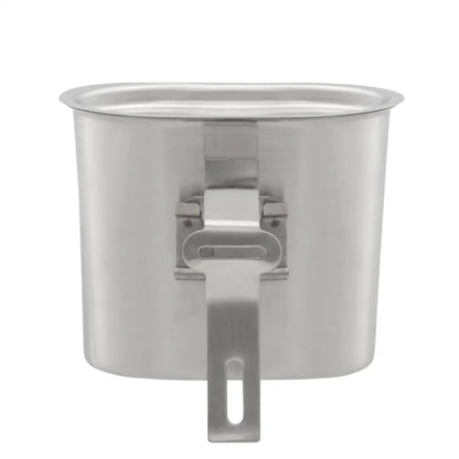 Stainless steel Pathfinder canteen cup with lid and folding handle for outdoor adventures