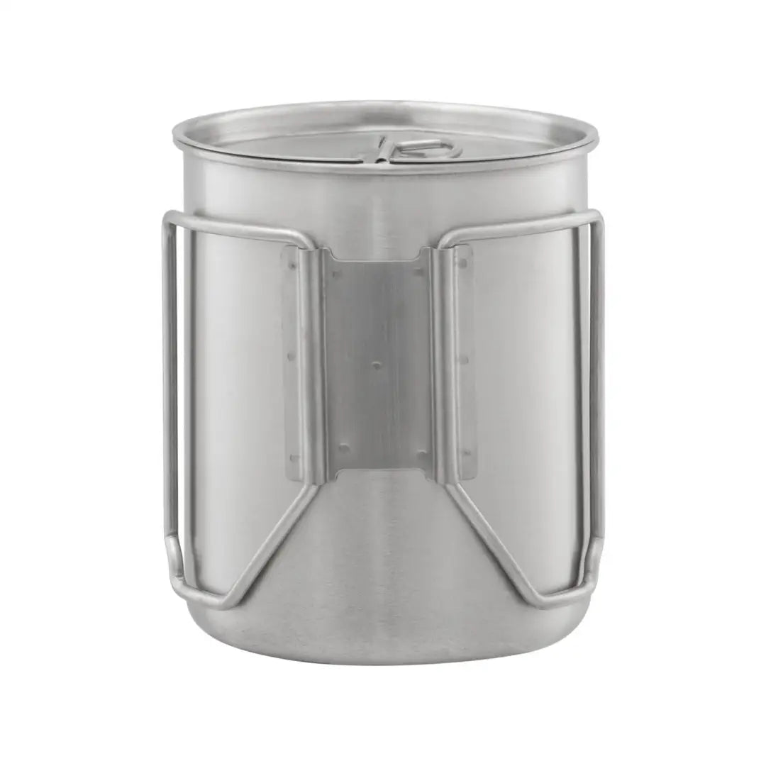 Stainless steel camping mug with folding handles from Helikon-Tex for outdoor adventures