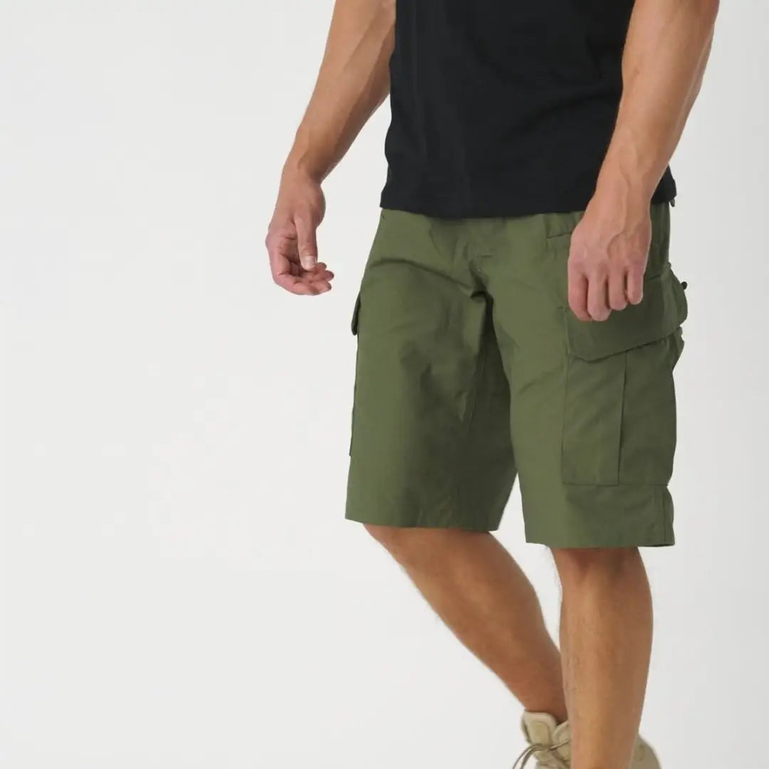 Olive green Helikon-Tex Polycotton Ripstop CPU Shorts with multiple pockets