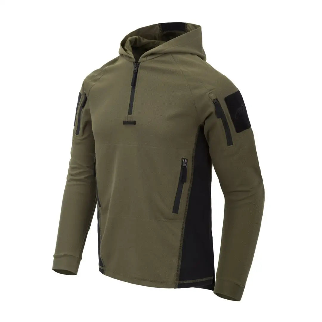 Olive green Helikon-Tex Range Hoodie with black panels, perfect for shooting specialists